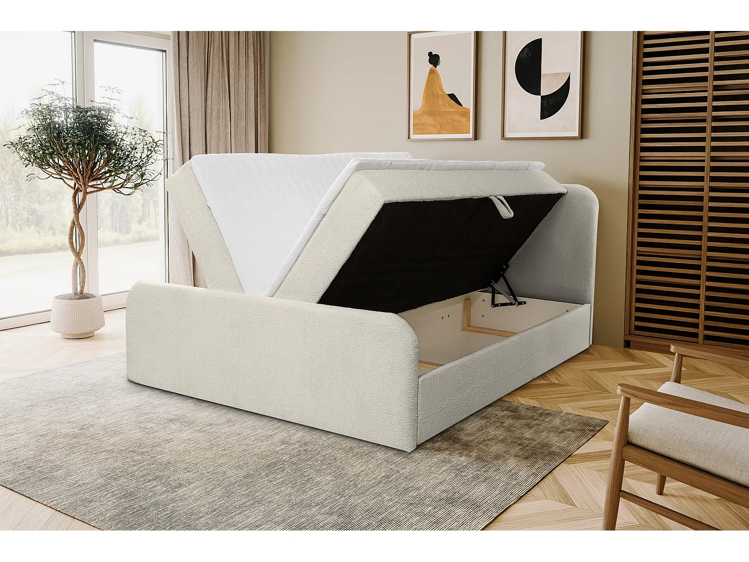 Lit boxspring LAMBI avec 2 coffres de rangement, lit rembourré Dimensions: 140x200, couleur: beige, tissu bouclé