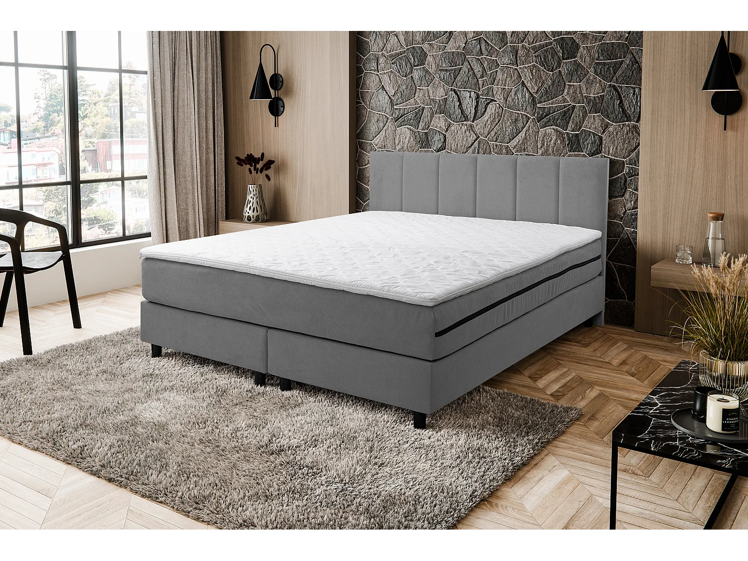 Lit boxspring Paris, lit rembourré Dimensions : 180x200 cm, couleur : gris, tissu velours, lit double avec matelas Bonell H3 et surmatelas inclus