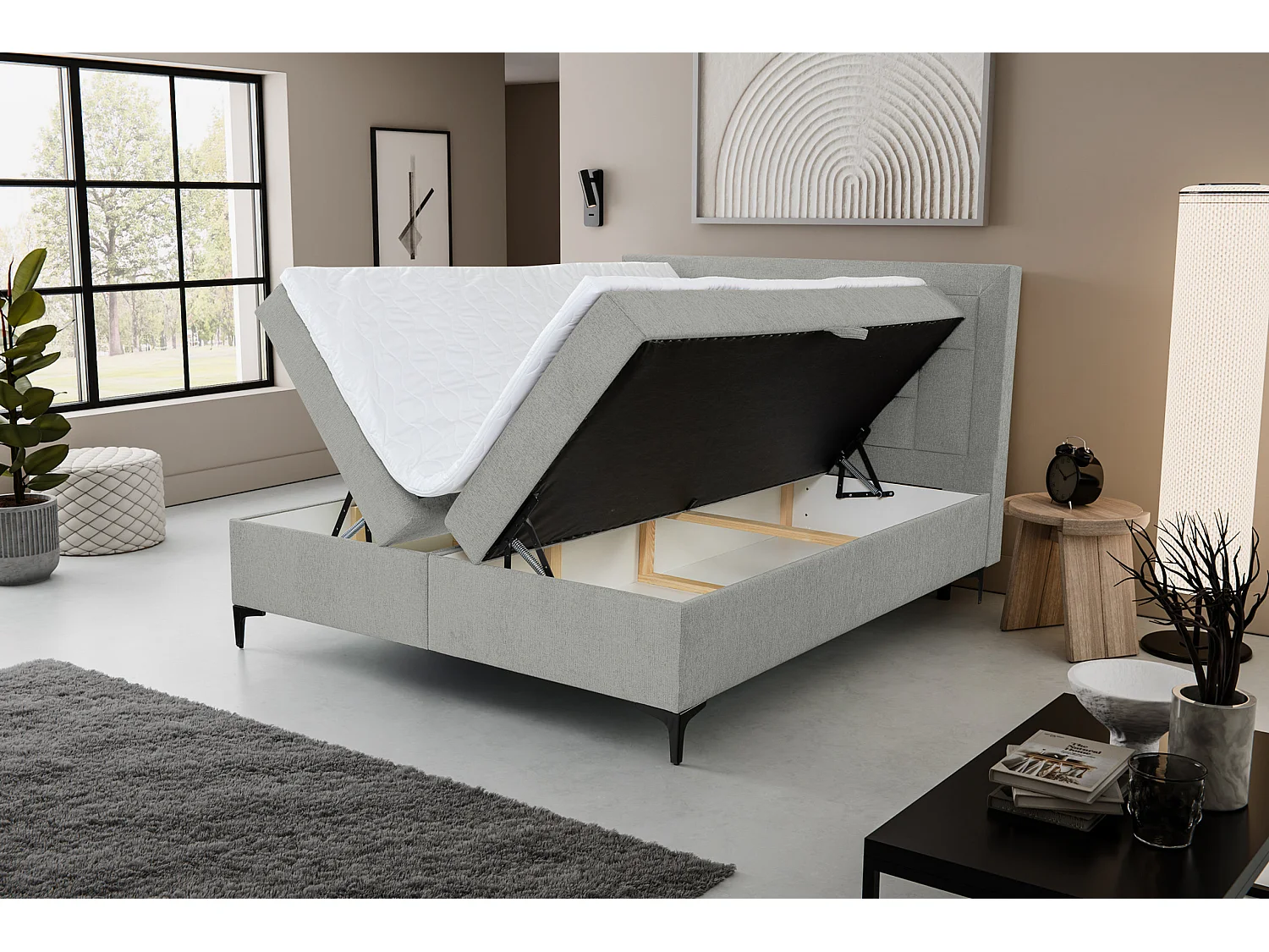 Lit boxspring VENEZIA avec 2 tiroirs de rangement, lit rembourré Dimensions: 180x200 cm, couleur: gris, tissu velours
