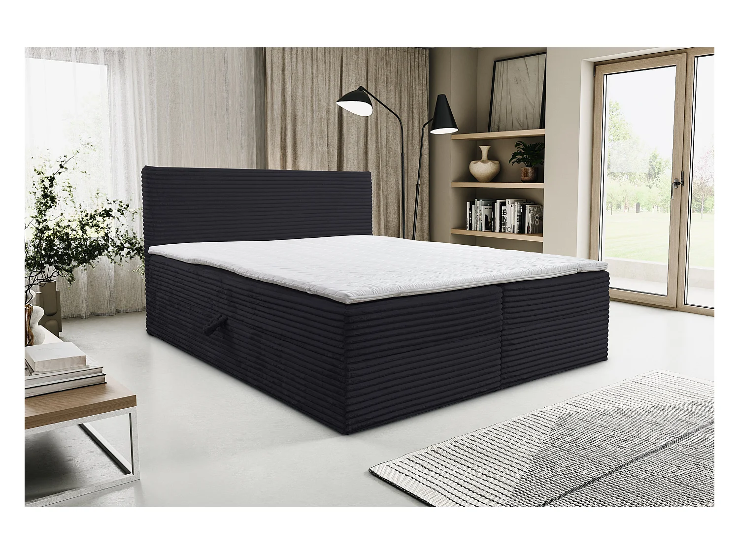 Lit boxspring Tilly avec 2 tiroirs de rangement, lit rembourré Dimensions: 180x200, couleur: noir, tissu cordé