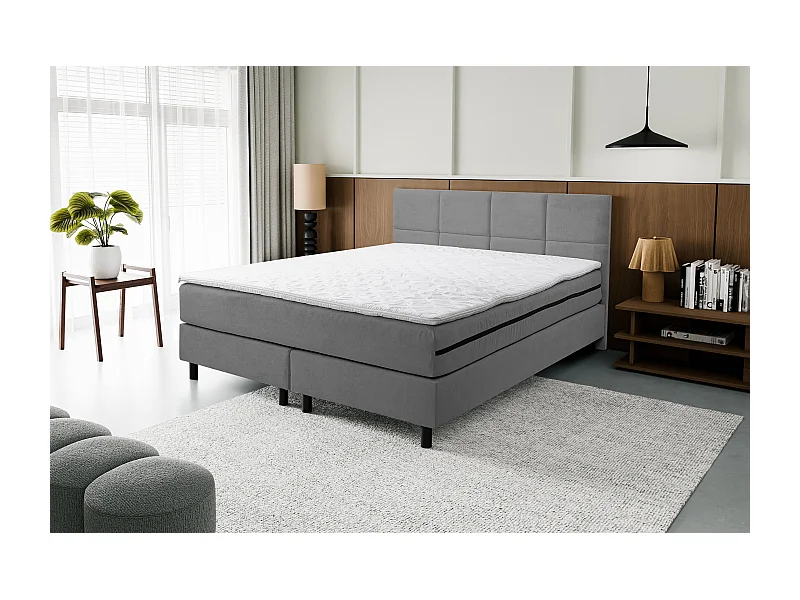 Lit boxspring Kansas, lit rembourré Dimensions : 140x200 cm, couleur : gris, tissu velours, lit double avec matelas Bonell H3 et surmatelas inclus
