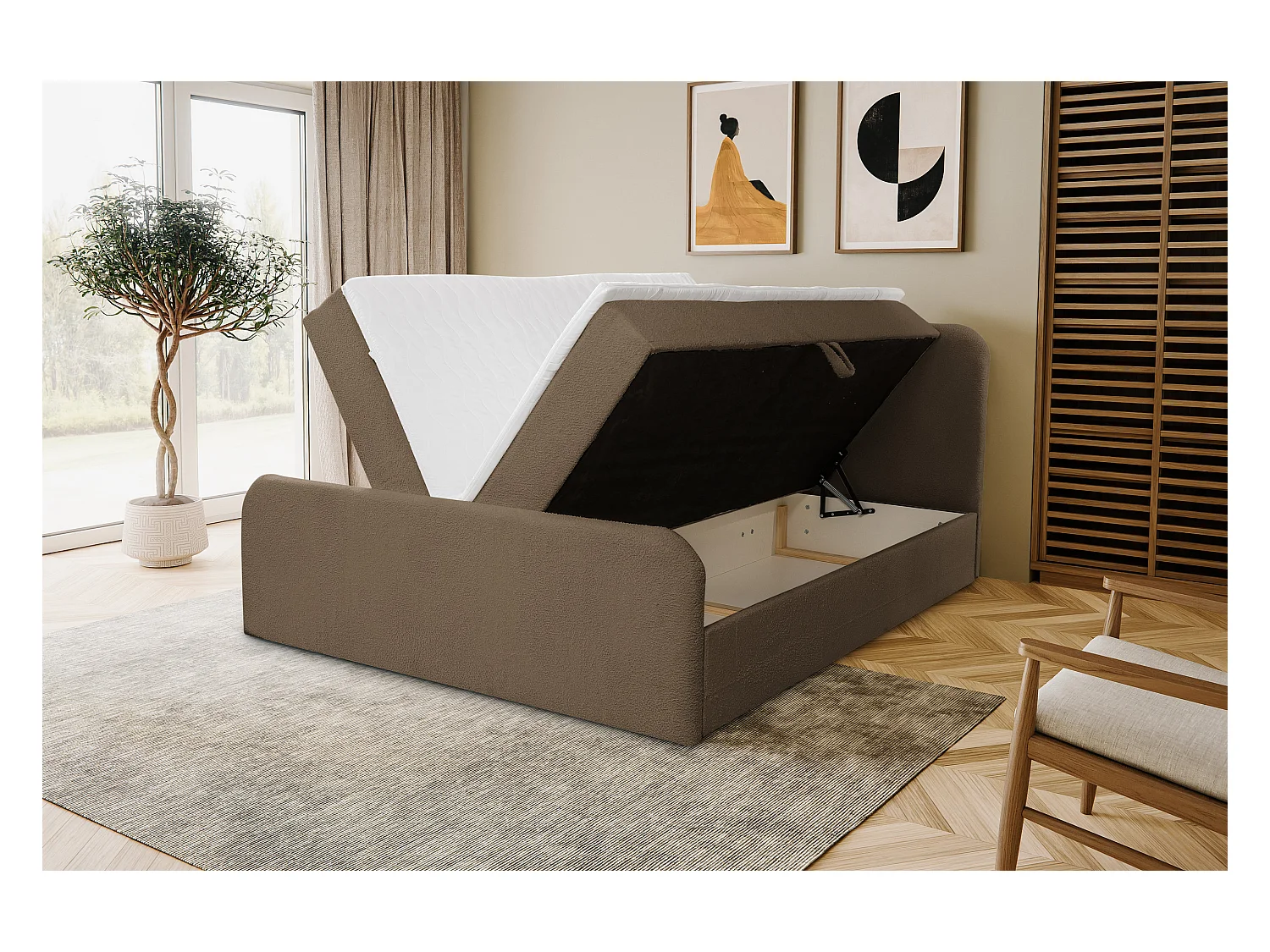 Lit boxspring LAMBI avec 2 coffres de rangement, lit rembourré Dimensions: 160x200, couleur: marron, tissu bouclé