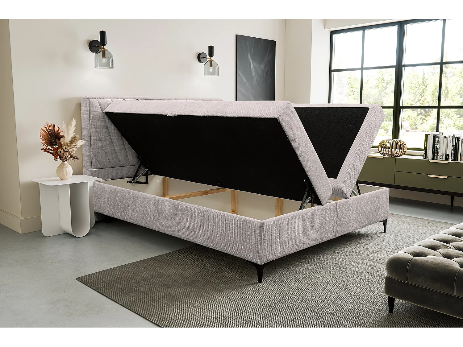 Lit boxspring Cimone avec 2 coffres de rangement, lit rembourré Dimensions: 180x200 cm, couleur: beige, tissu velours
