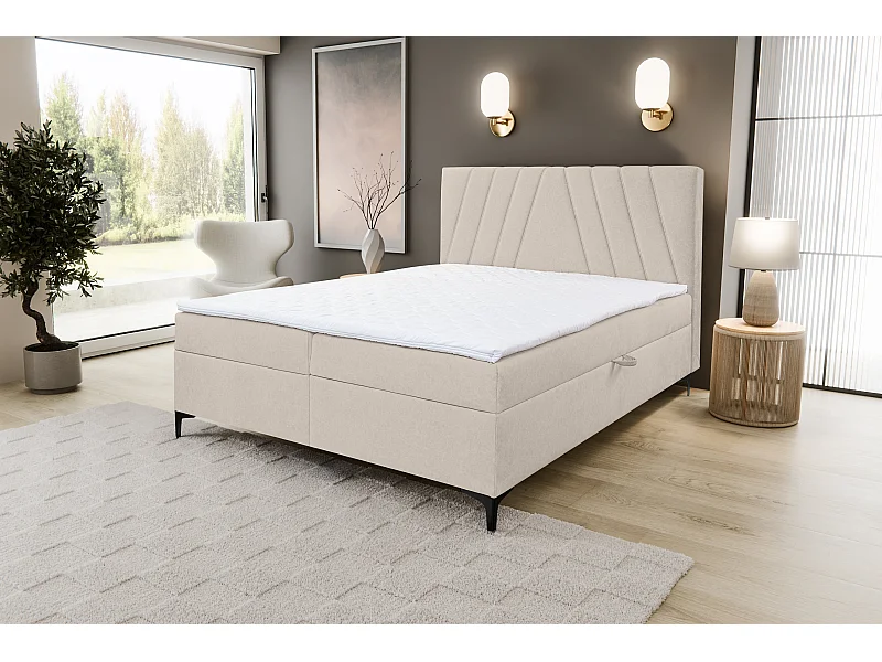 Boxspringbed CAPRI met 2 bedbakken, gestoffeerd bed Afmetingen: 140x200 cm, kleur: beige, velours, tweepersoonsbed met Bonell-matras incl. topper