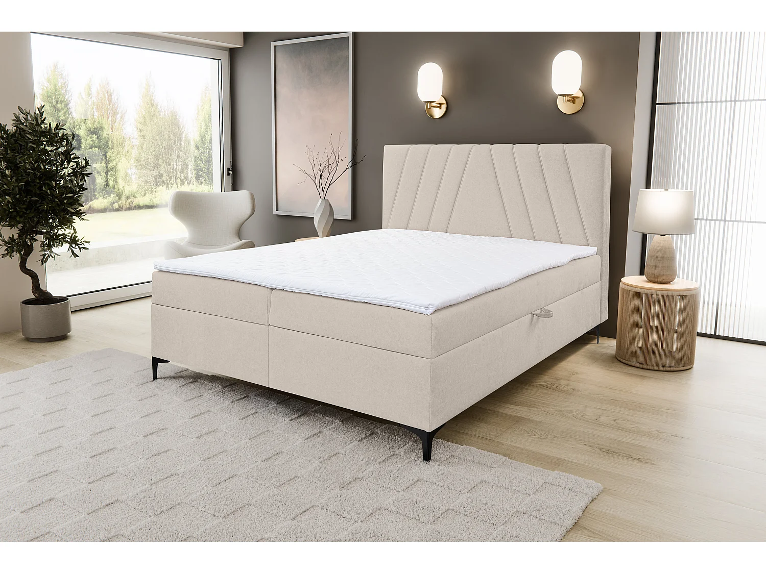 Lit boxspring CAPRI avec 2 coffres de rangement, lit rembourré Dimensions: 140x200 cm, couleur: beige, tissu velours