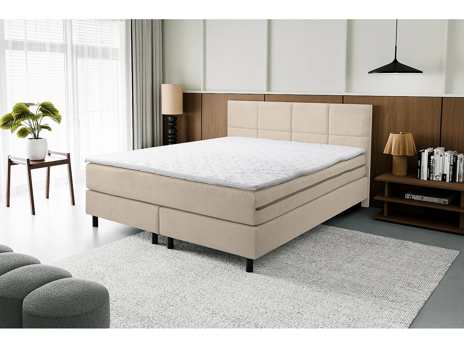 Lit boxspring Kansas, lit rembourré Dimensions : 180 x 200 cm, couleur : beige, tissu velours, lit double avec matelas Bonell H3 et surmatelas inclus
