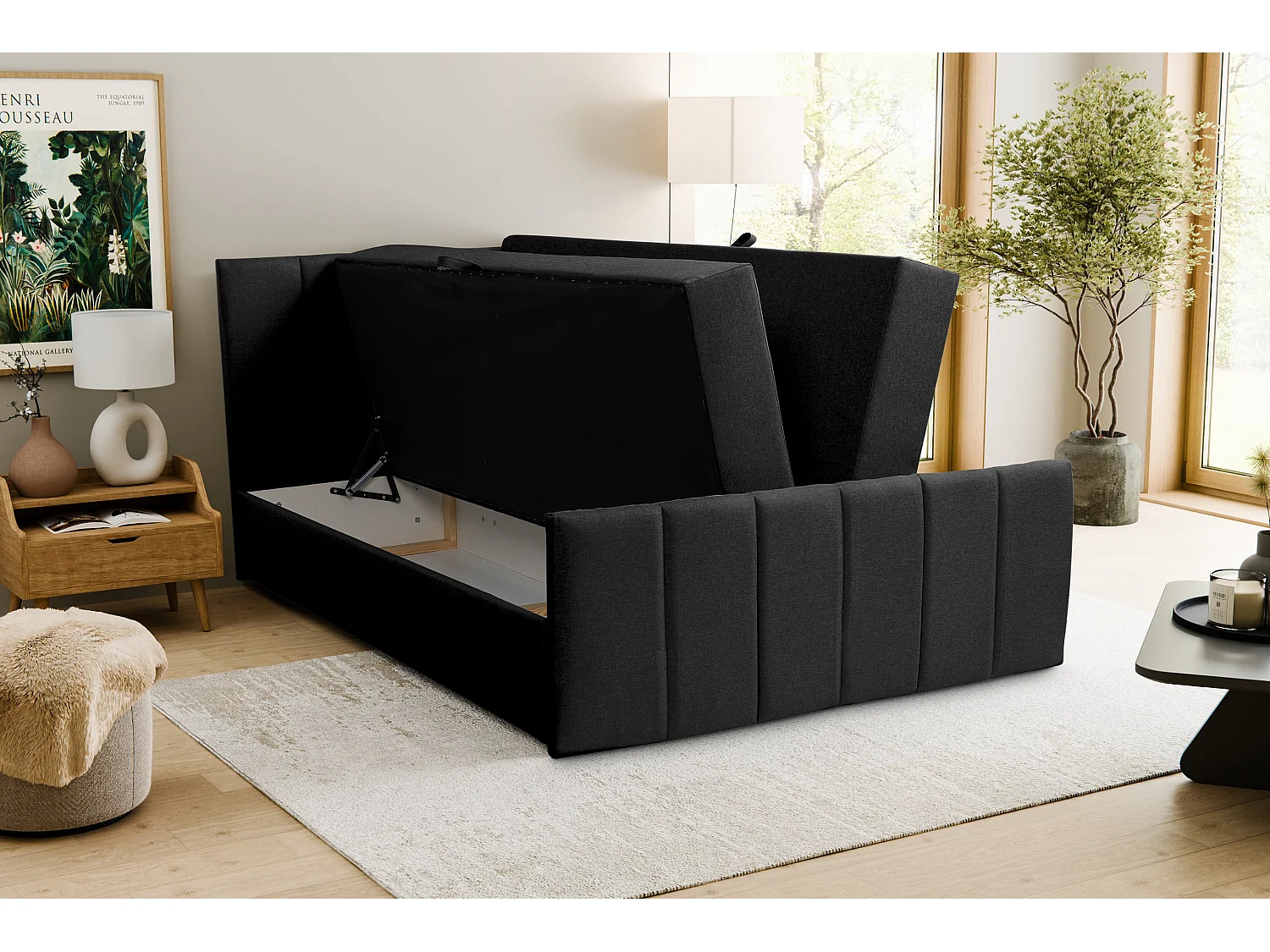 Lit boxspring CLAUDINE avec 2 coffres de rangement, lit rembourré Dimensions: 140x200, couleur: noir, tissu velours