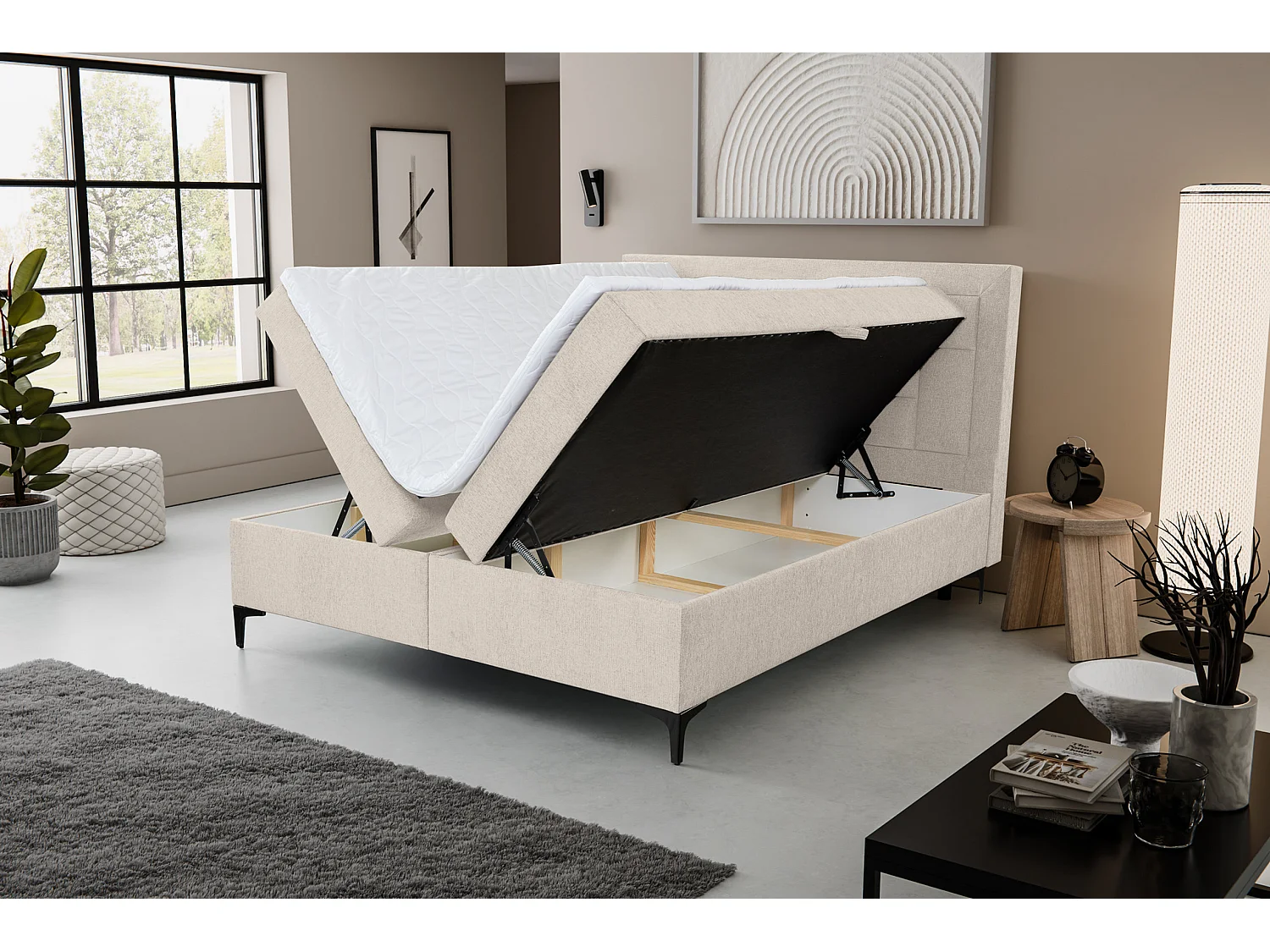 Lit boxspring VENEZIA avec 2 coffres de rangement, lit rembourré Dimensions: 140x200 cm, couleur: beige, tissu velours