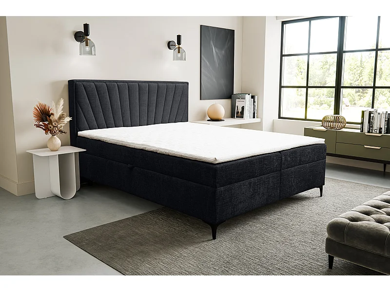 Boxspringbed Cimone met 2 bedbakken, gestoffeerd bed Afmetingen: 180x200 cm, kleur: zwart, veloursstof, tweepersoonsbed met Bonell-matras incl. topper