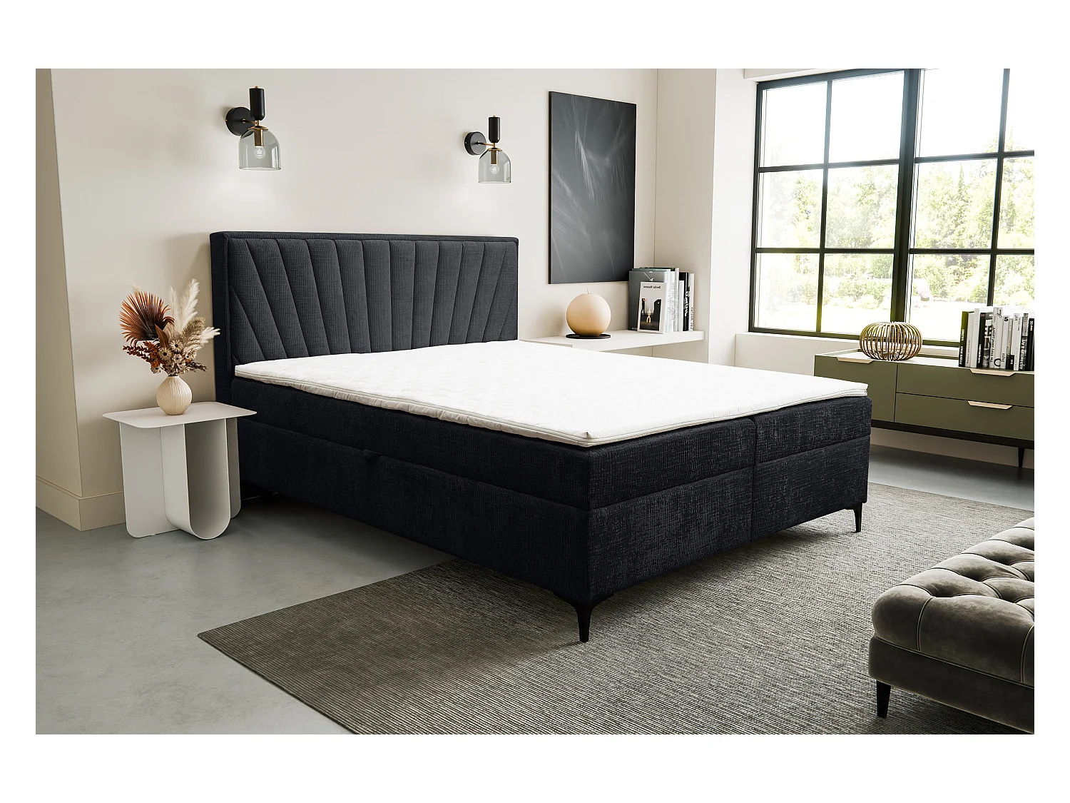 Lit boxspring Cimone avec 2 tiroirs de rangement, lit rembourré Dimensions: 180x200 cm, couleur: noir, tissu velours