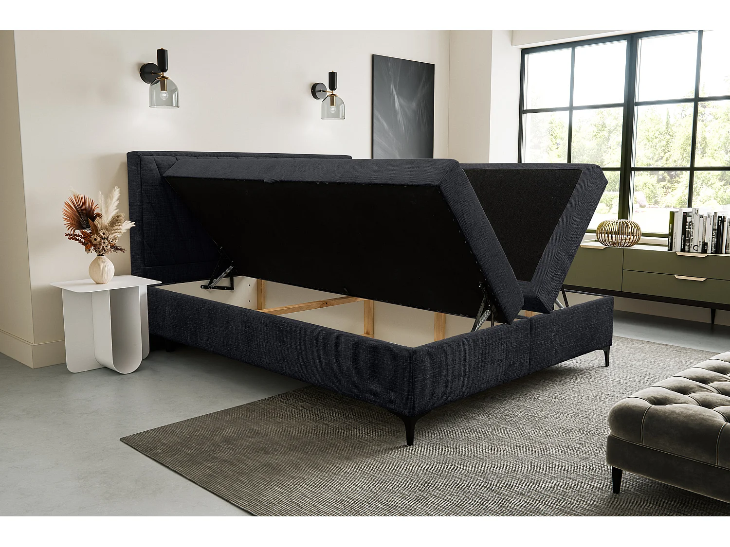 Lit boxspring Cimone avec 2 tiroirs de rangement, lit rembourré Dimensions: 180x200 cm, couleur: noir, tissu velours
