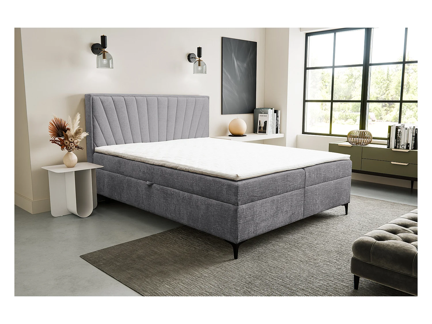 Lit boxspring Cimone avec 2 coffres de rangement, lit rembourré Dimensions: 140x200 cm, couleur: gris, tissu velours