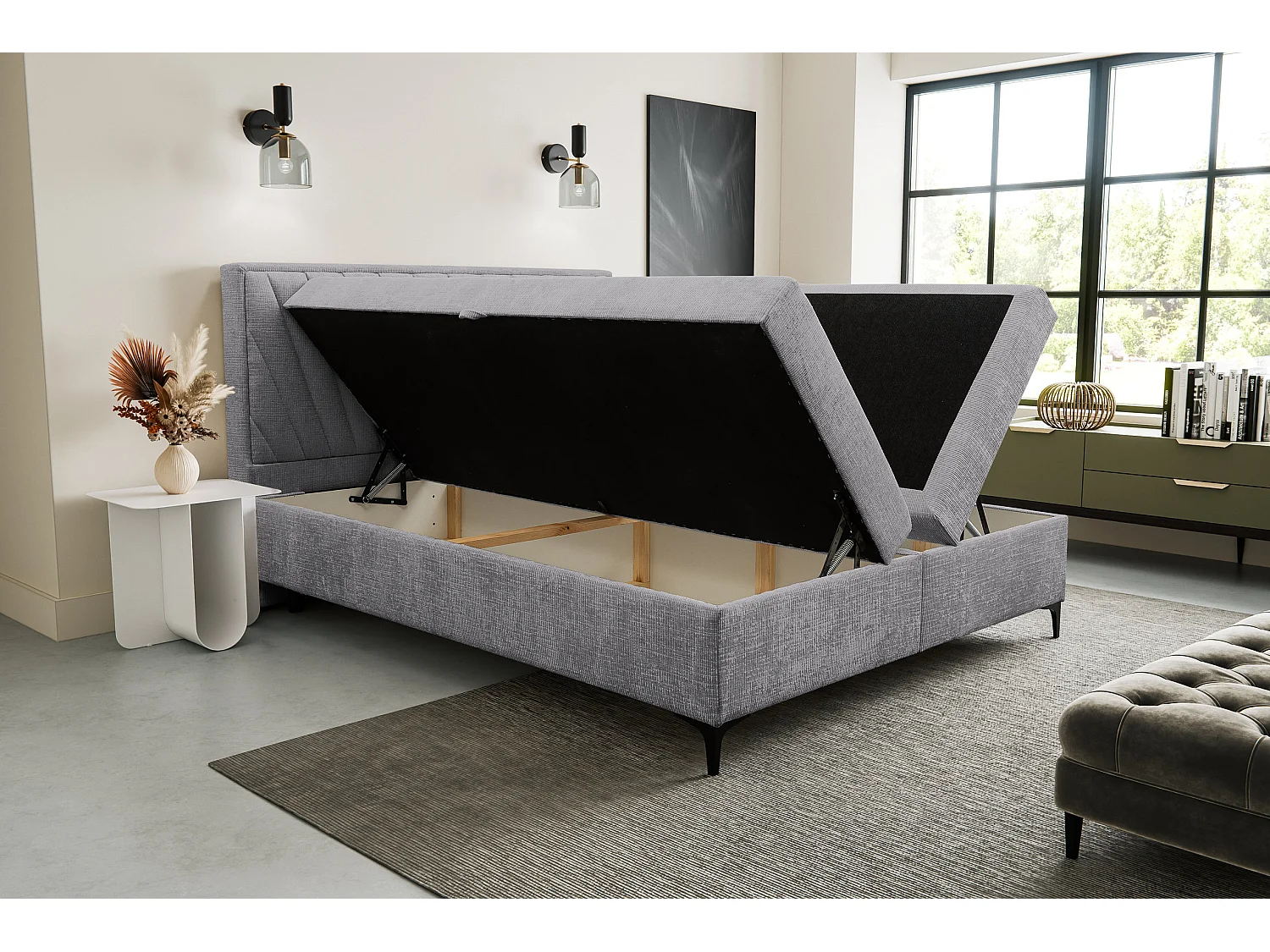 Lit boxspring Cimone avec 2 coffres de rangement, lit rembourré Dimensions: 140x200 cm, couleur: gris, tissu velours