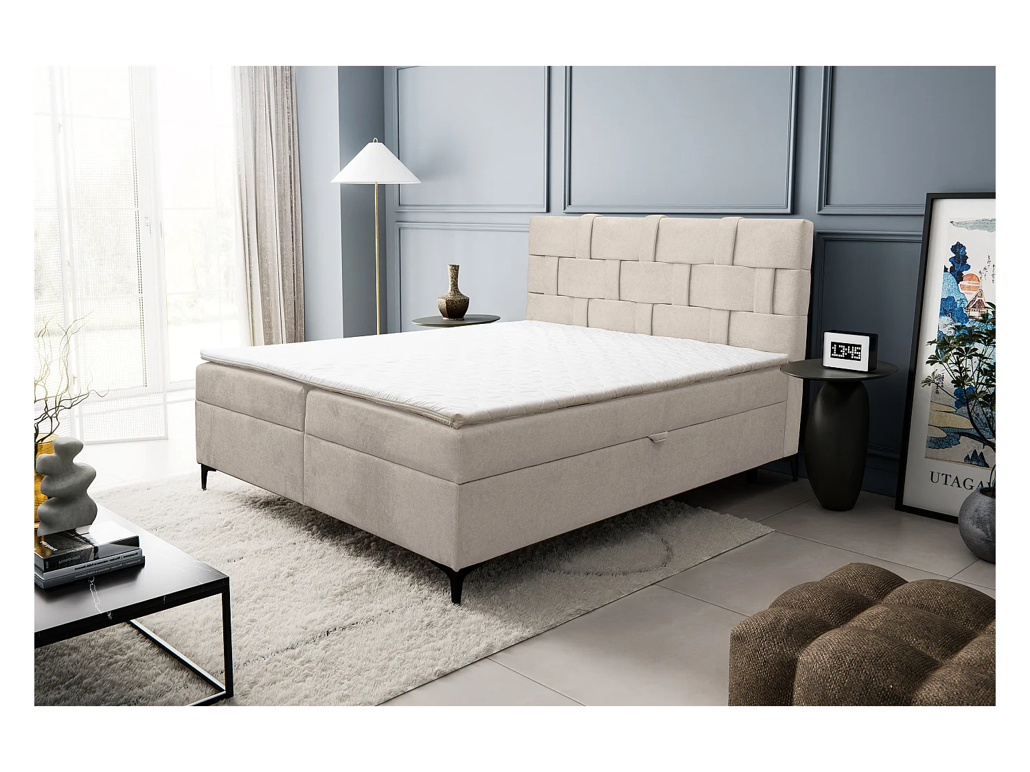 Lit boxspring Charlotte avec 2 coffres de rangement, lit rembourré Dimensions: 140x200 cm, couleur: beige, tissu velours