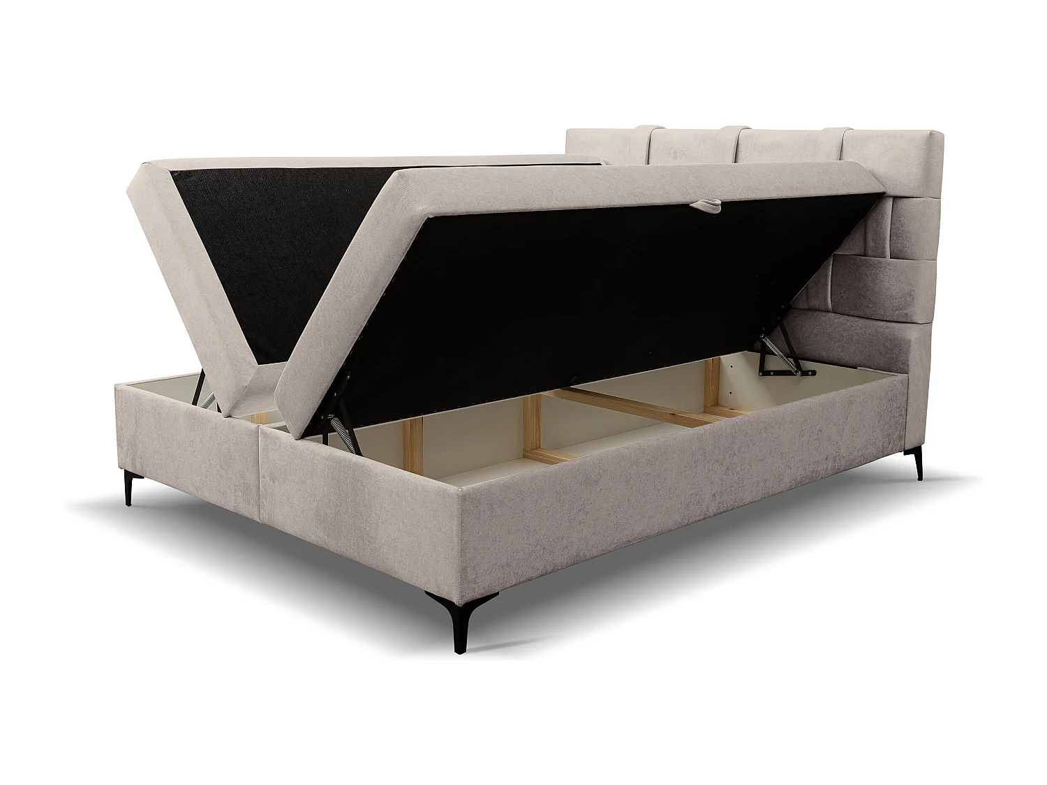 Lit boxspring Charlotte avec 2 coffres de rangement, lit rembourré Dimensions: 140x200 cm, couleur: beige, tissu velours