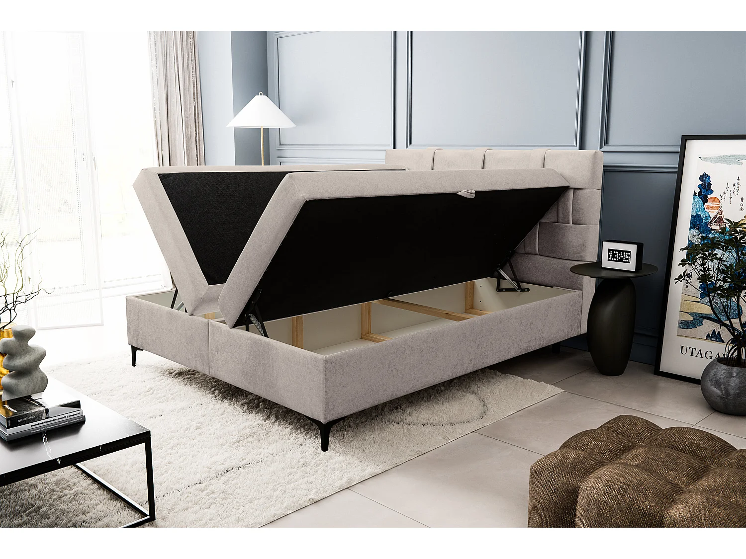 Lit boxspring Charlotte avec 2 coffres de rangement, lit rembourré Dimensions: 160 x 200 cm, couleur: beige, tissu velours