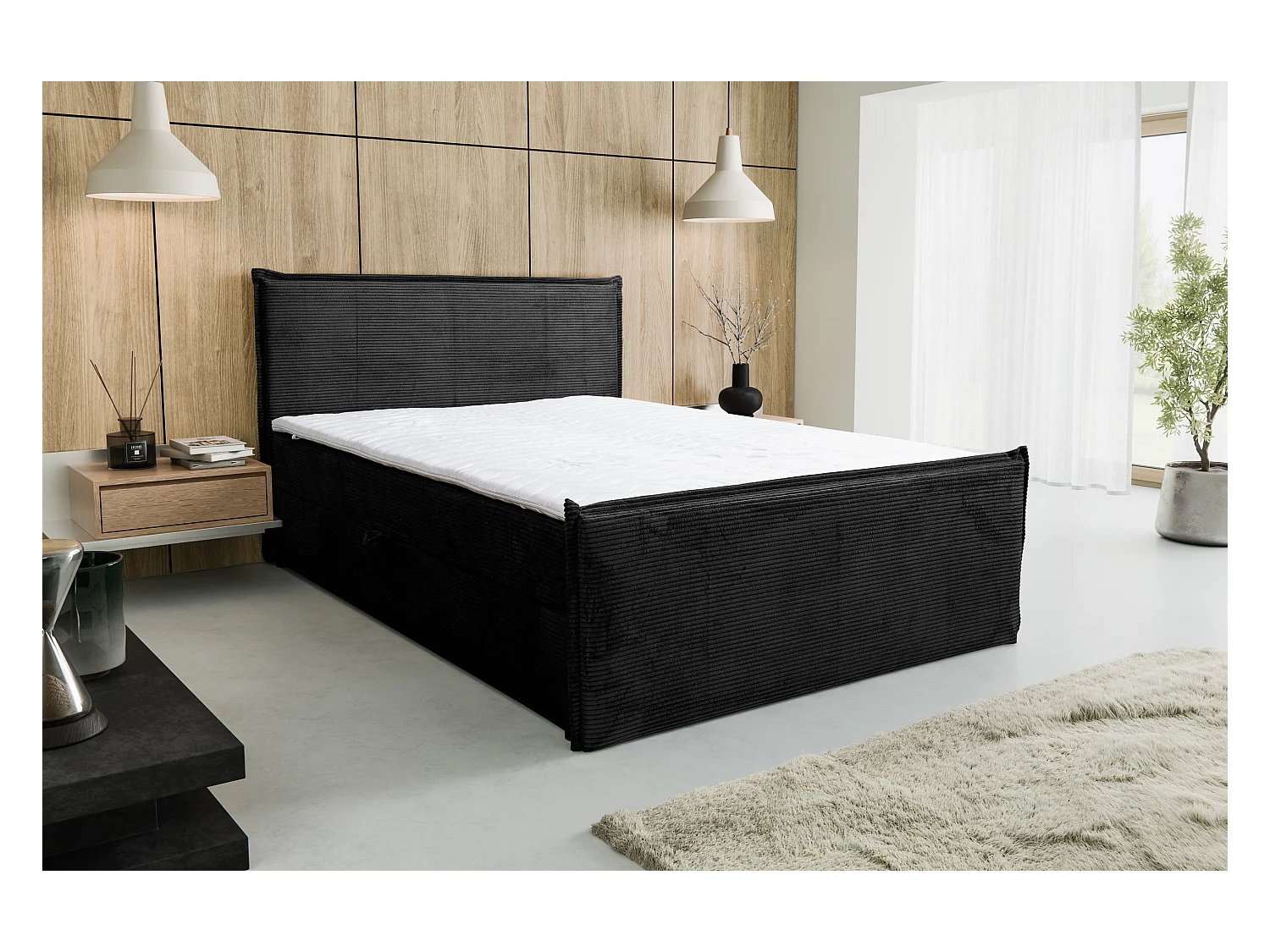 Lit boxspring Vanessa avec 2 coffres de rangement, lit rembourré Dimensions: 140x200, couleur: noir, tissu velours côtelé