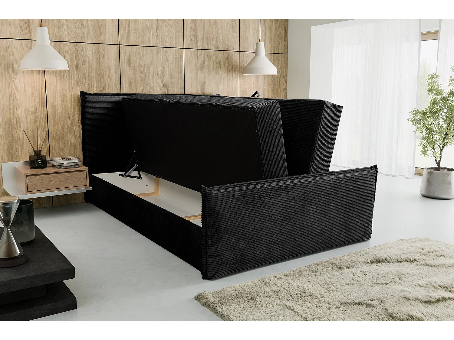 Lit boxspring Vanessa avec 2 coffres de rangement, lit rembourré Dimensions: 140x200, couleur: noir, tissu velours côtelé