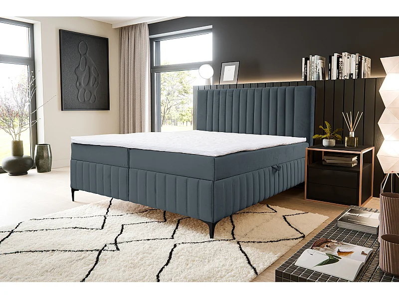 Lit boxspring QUANT avec 2 coffres de rangement, lit rembourré Dimensions: 140x200, couleur: gris foncé, tissu velours