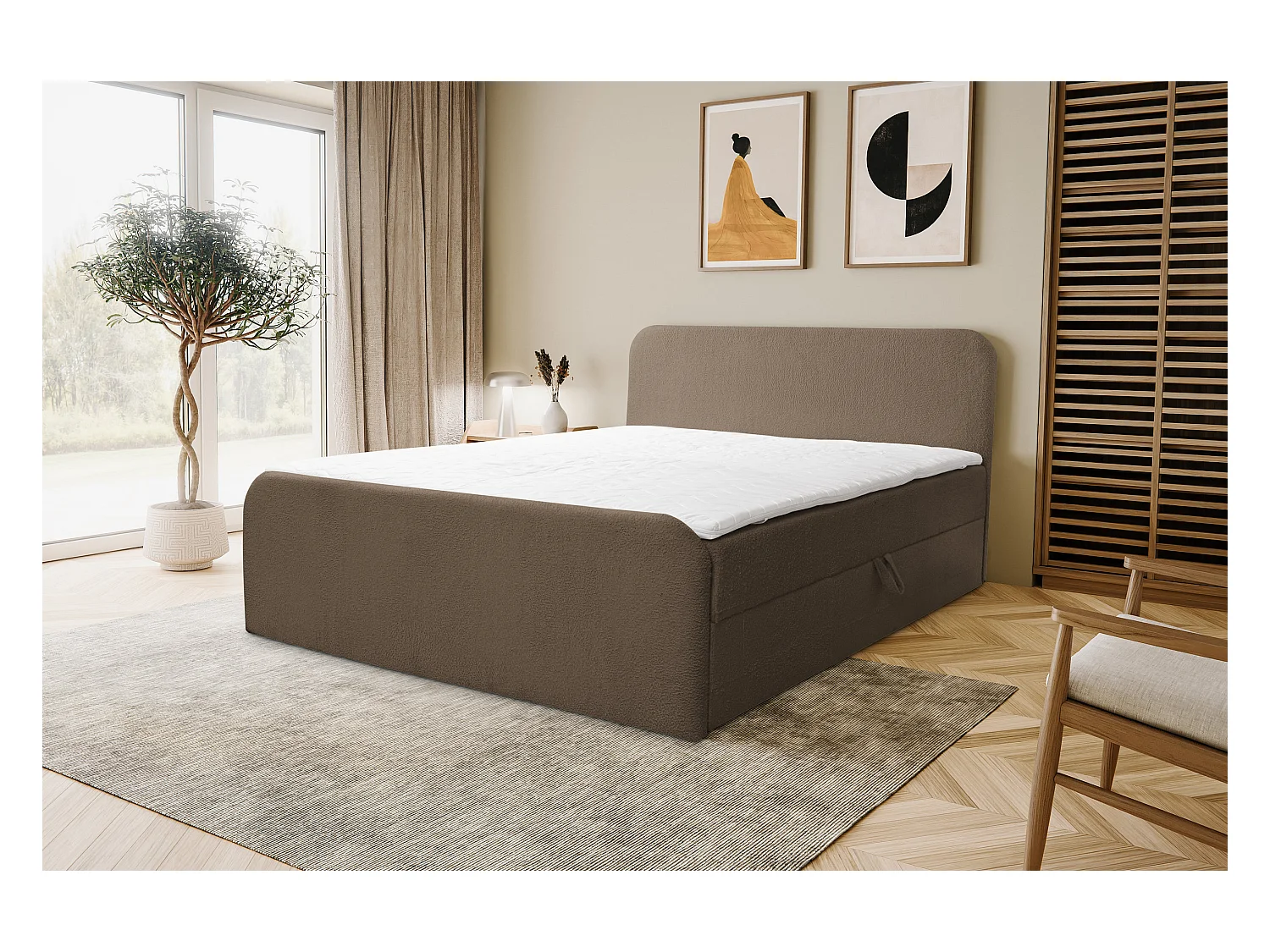 Lit boxspring LAMBI avec 2 coffres de rangement, lit rembourré Dimensions: 140x200, couleur: marron, tissu bouclé