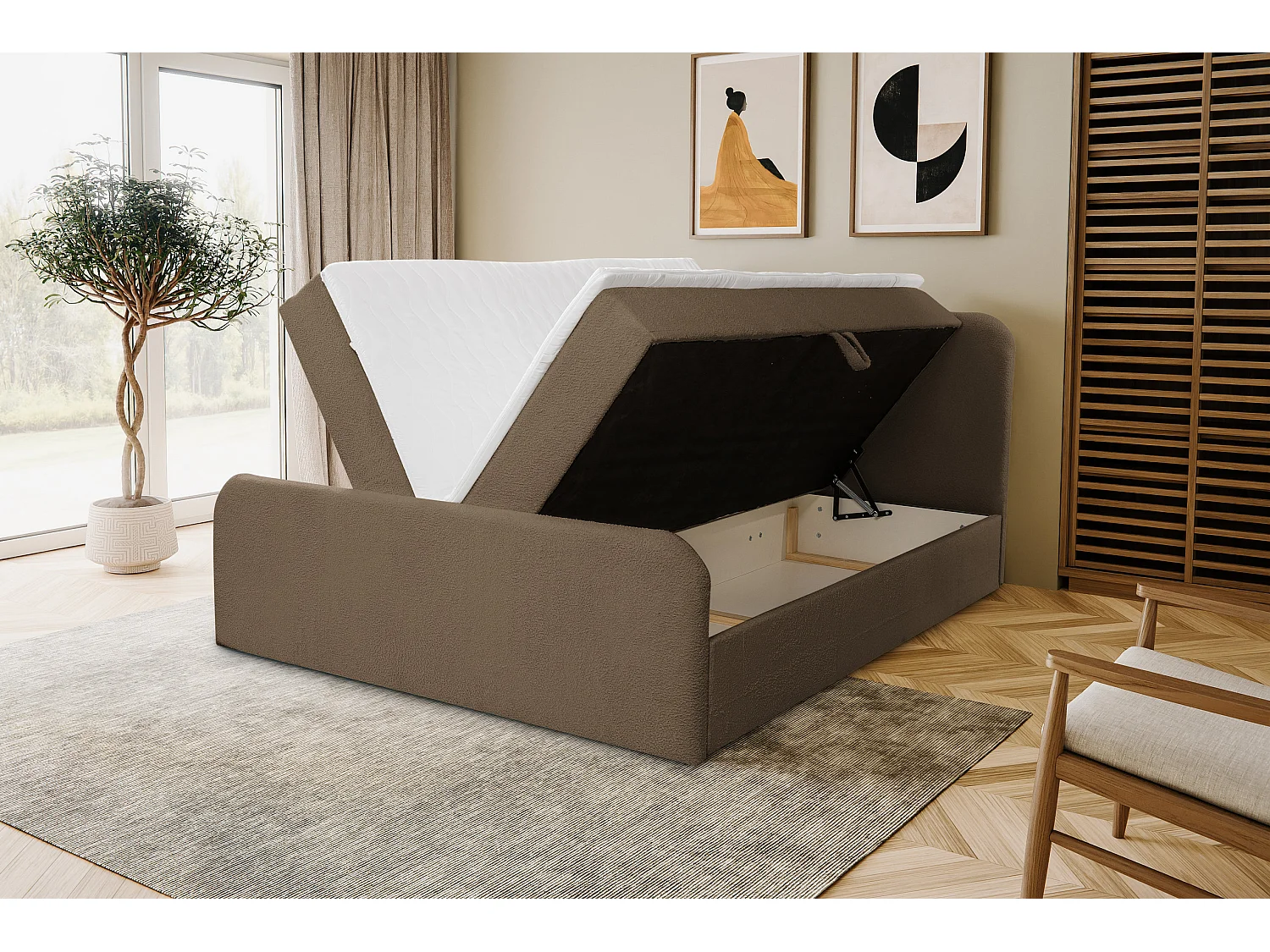 Lit boxspring LAMBI avec 2 coffres de rangement, lit rembourré Dimensions: 140x200, couleur: marron, tissu bouclé