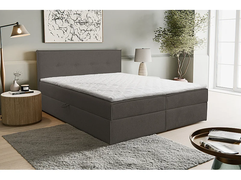 Lit boxspring Calido avec 2 coffres de rangement, lit rembourré Dimensions: 160x200, couleur: brun foncé, tissu structuré