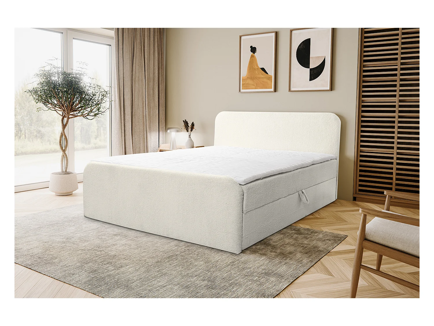 Lit boxspring LAMBI avec 2 coffres de rangement, lit rembourré Dimensions: 180x200, couleur: beige, tissu bouclé