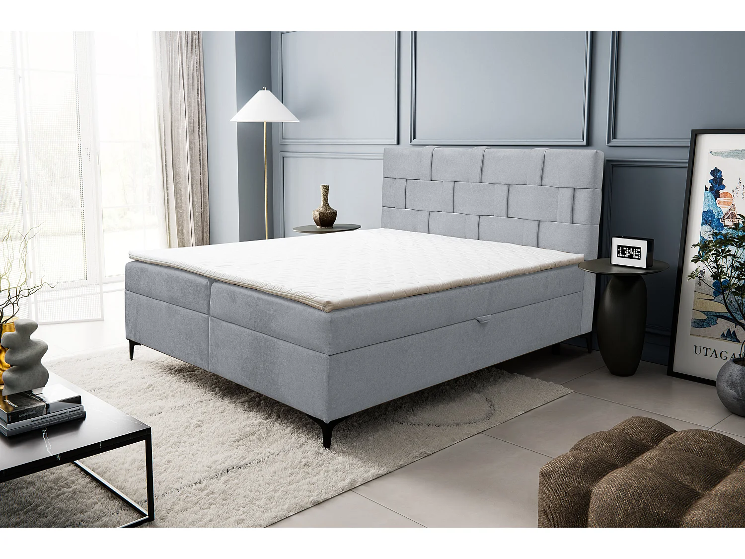 Lit boxspring Charlotte avec 2 coffres de rangement, lit rembourré Dimensions: 160x200 cm, couleur: gris, tissu velours