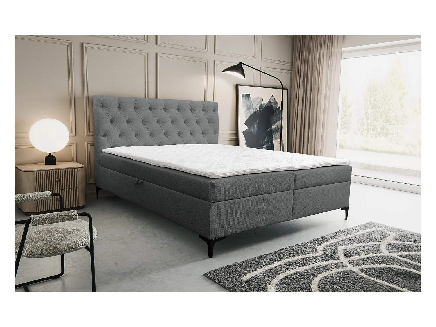 Lit boxspring Calipso avec 2 coffres de rangement, lit rembourré Dimensions: 140x200, couleur: gris, tissu velours