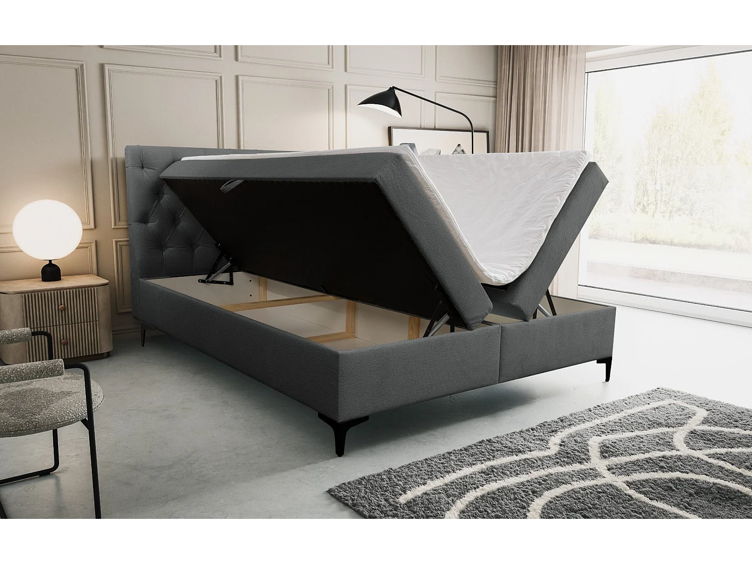 Lit boxspring Calipso avec 2 coffres de rangement, lit rembourré Dimensions: 140x200, couleur: gris, tissu velours