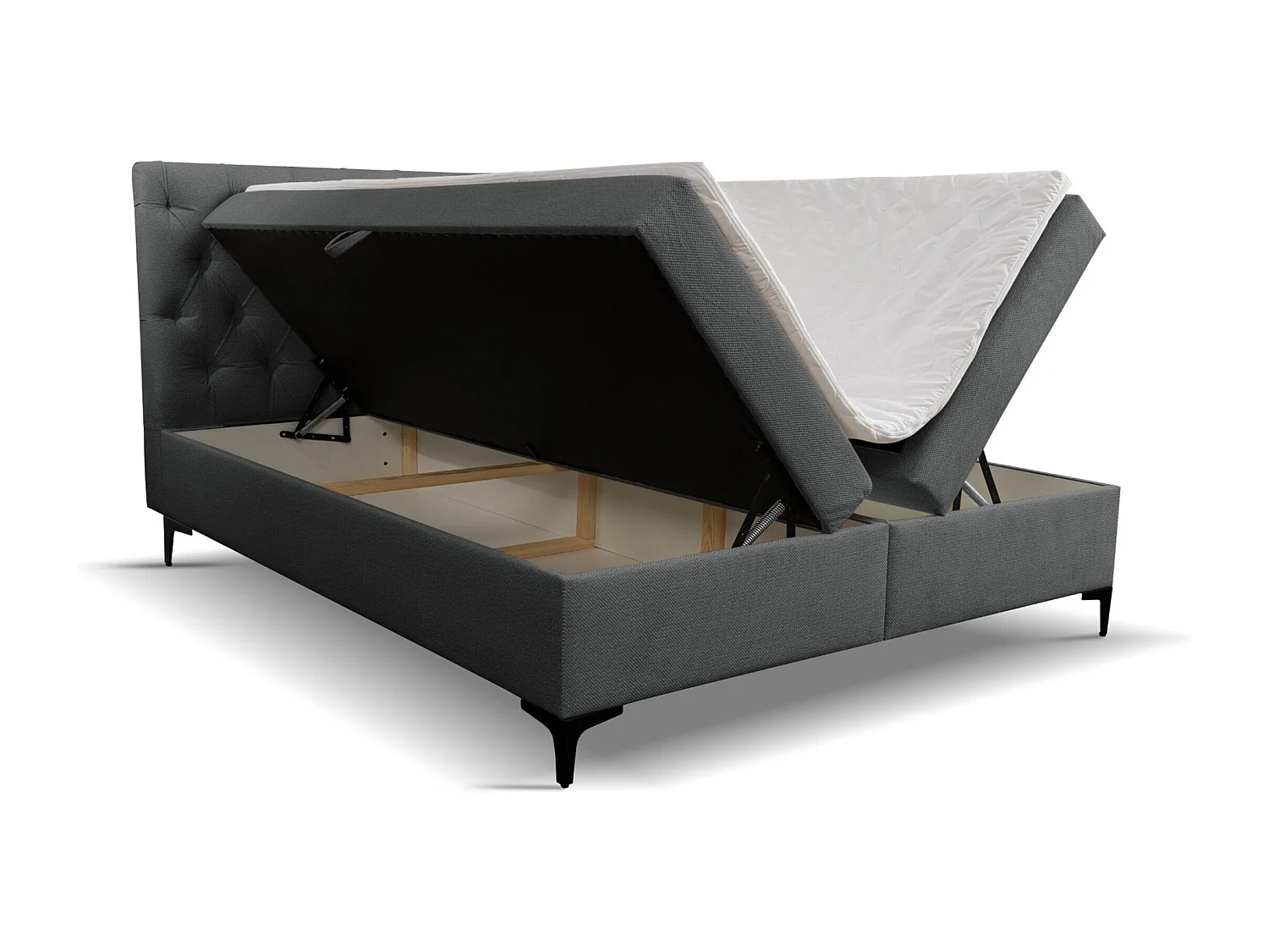 Lit boxspring Calipso avec 2 coffres de rangement, lit rembourré Dimensions: 140x200, couleur: gris, tissu velours