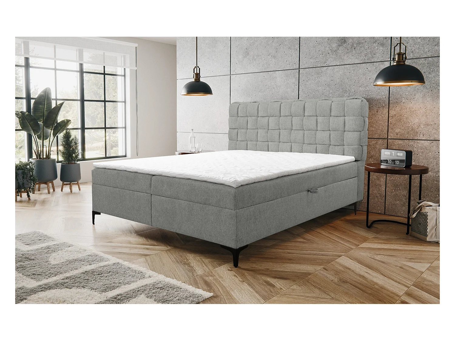 Lit boxspring Roma avec 2 tiroirs de rangement, lit rembourré Dimensions: 180x200, couleur: gris, tissu velours