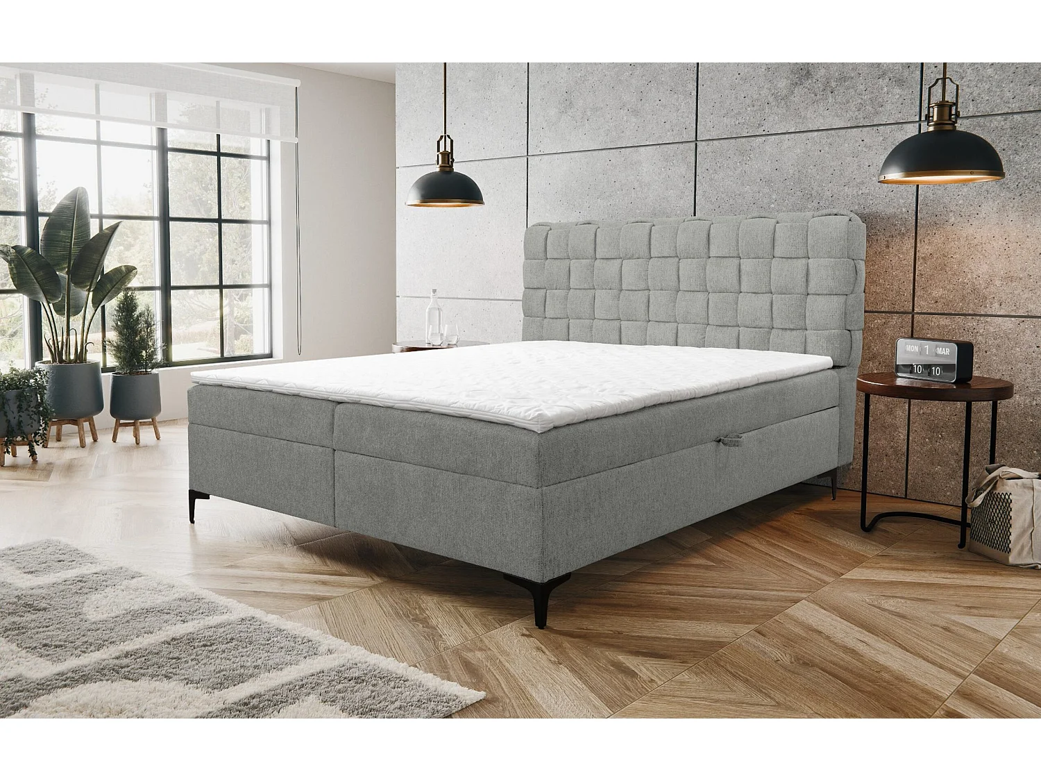 Lit boxspring Roma avec 2 tiroirs de rangement, lit rembourré Dimensions: 180x200, couleur: gris, tissu velours