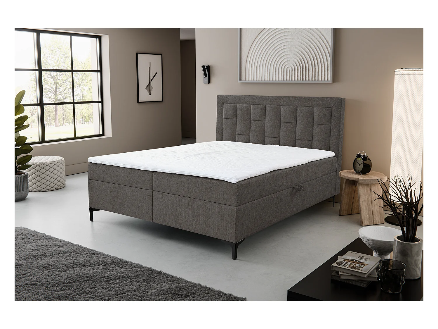 Lit boxspring VENEZIA avec 2 coffres de rangement, lit rembourré Dimensions: 140x200 cm, couleur: gris foncé, tissu velours