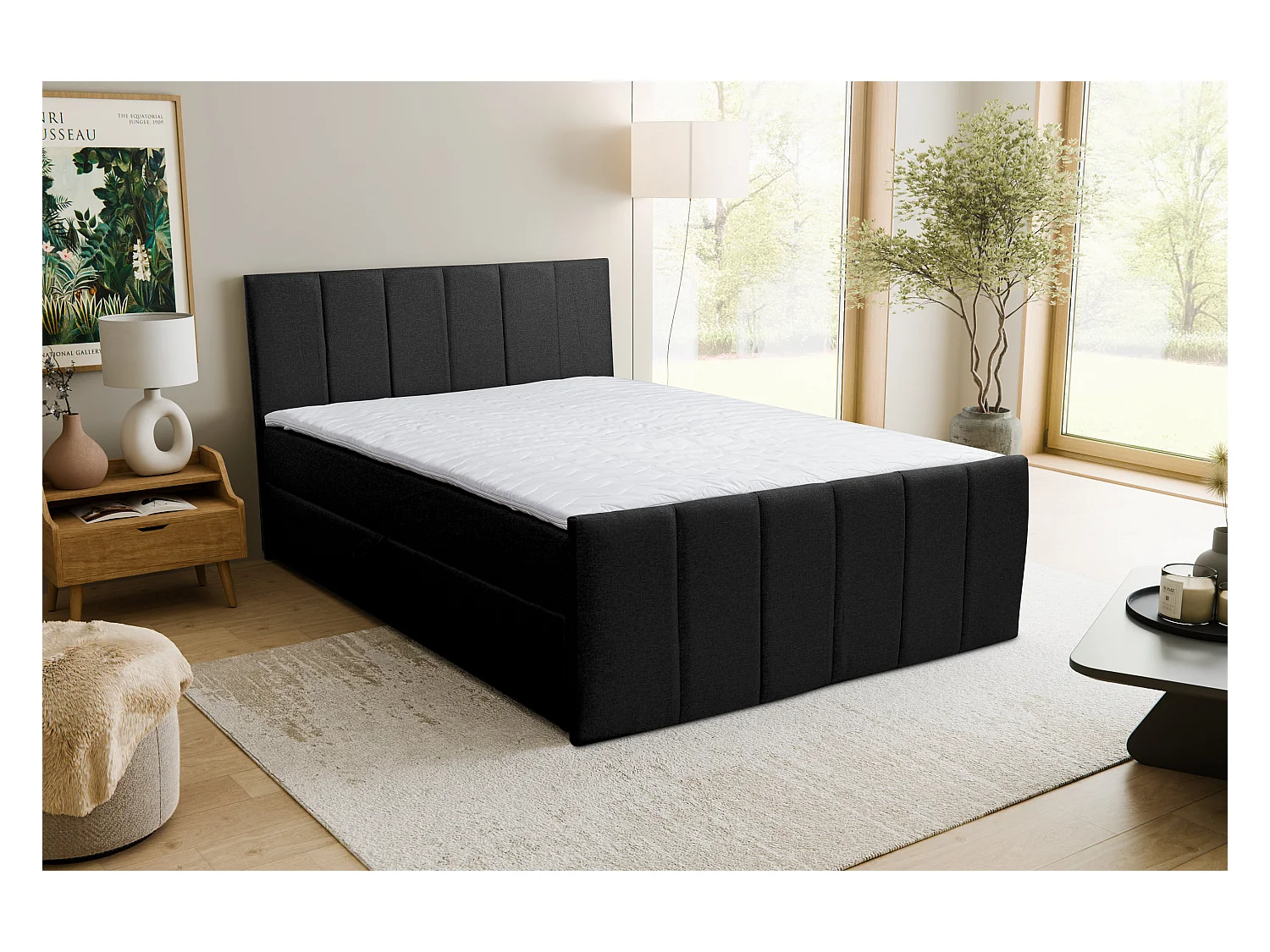 Lit boxspring CLAUDINE avec 2 coffres de rangement, lit rembourré Dimensions: 180x200, couleur: noir, tissu velours