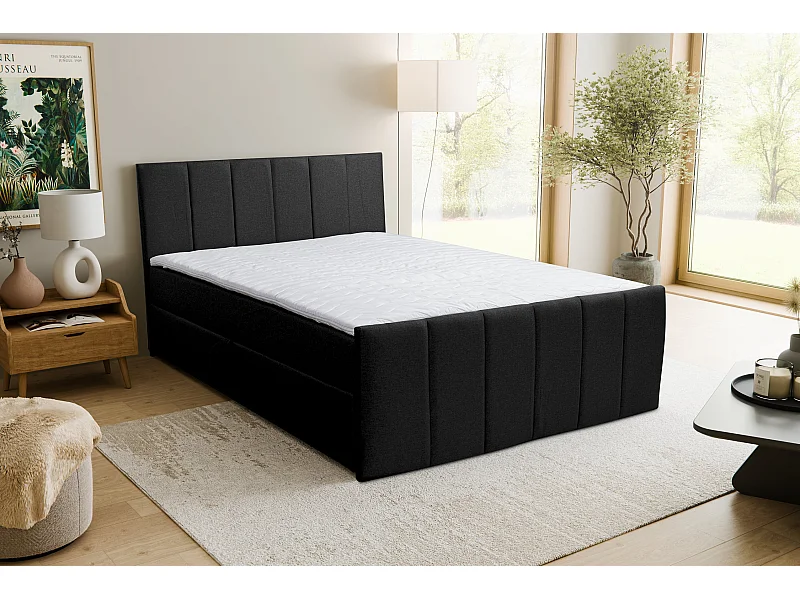 Lit boxspring CLAUDINE avec 2 coffres de rangement, lit rembourré Dimensions: 180x200, couleur: noir, tissu velours