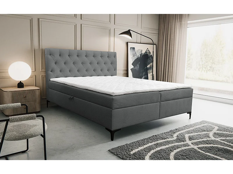 Lit boxspring Calipso avec 2 coffres de rangement, lit rembourré Dimensions: 180x200, couleur: gris, tissu velours