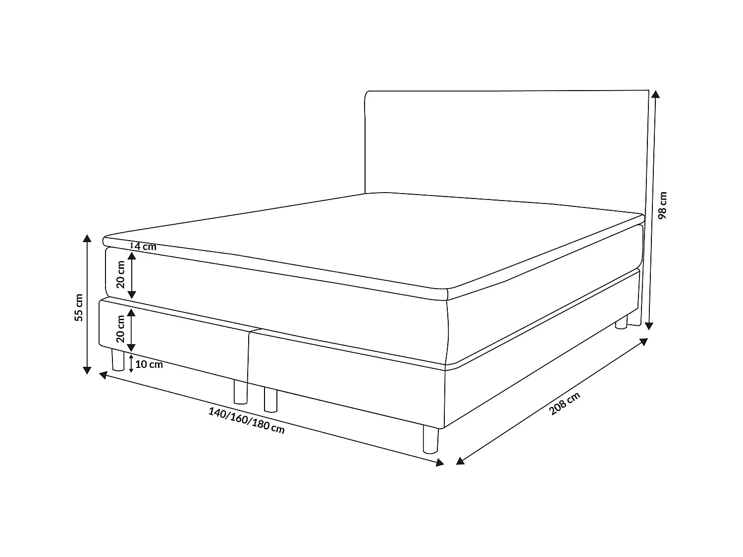 Lit boxspring Paris, lit rembourré Dimensions : 160x200 cm, couleur : beige, tissu velours, lit double avec matelas Bonell H3 et surmatelas inclus