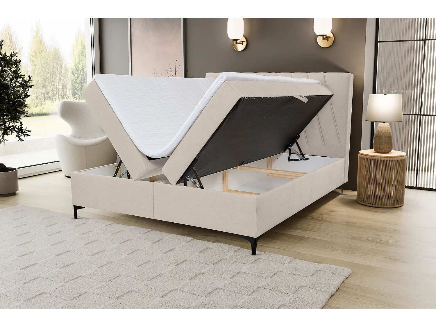 Lit boxspring CAPRI avec 2 coffres de rangement, lit rembourré Dimensions: 160x200 cm, couleur: beige, tissu velours