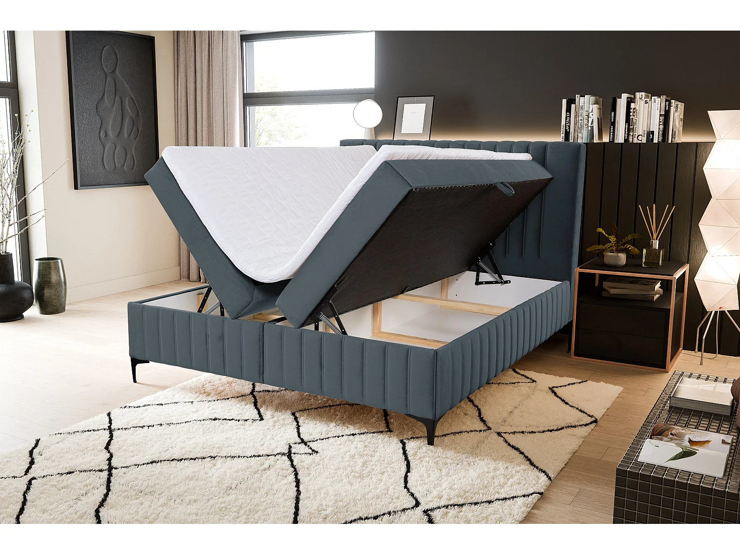 Lit boxspring QUANT avec 2 coffres de rangement, lit rembourré Dimensions: 160x200, couleur: gris foncé, tissu velours