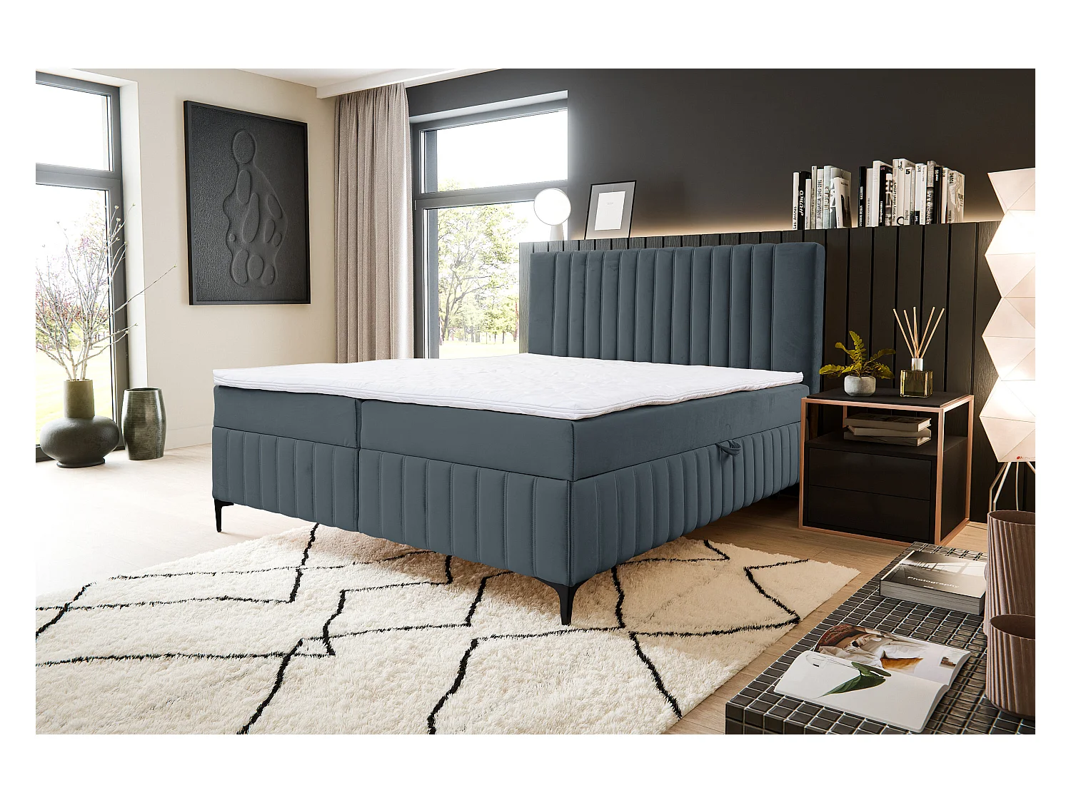 Boxspringbett QUANT mit 2 Bettkästen, Polsterbett Maße: 160x200, Farbe: Dunkelgrau, Velourstoff, Doppelbett mit Bonell-Matratze inkl. Topper