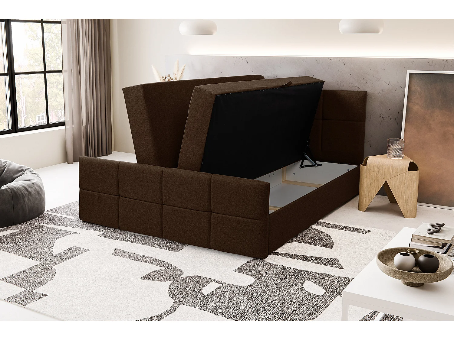 Lit boxspring DORIS avec 2 coffres de rangement, lit rembourré Dimensions: 180x200, couleur: marron, tissu velours