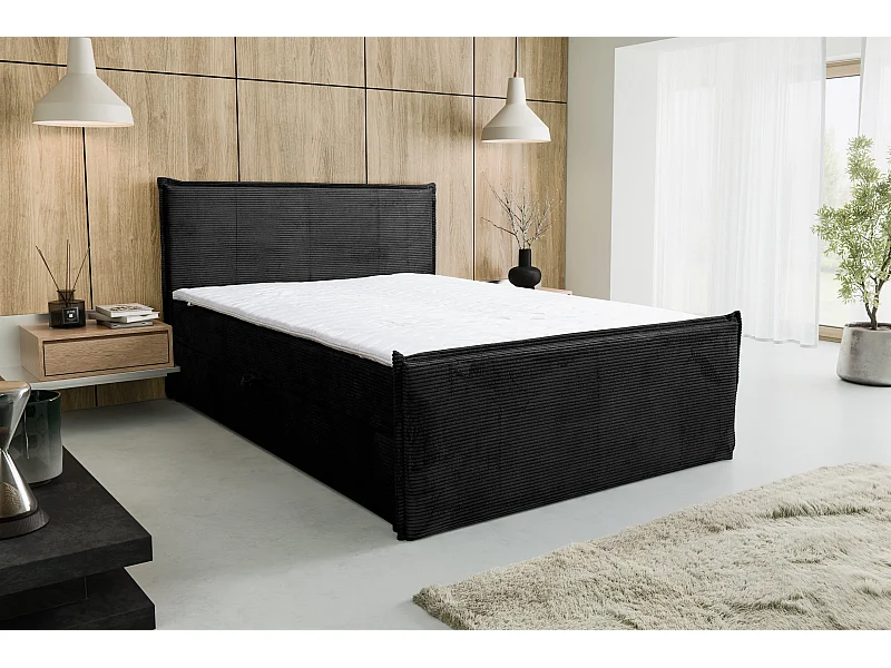 Lit boxspring Vanessa avec 2 coffres de rangement, lit rembourré Dimensions: 160x200, couleur: noir, tissu velours côtelé