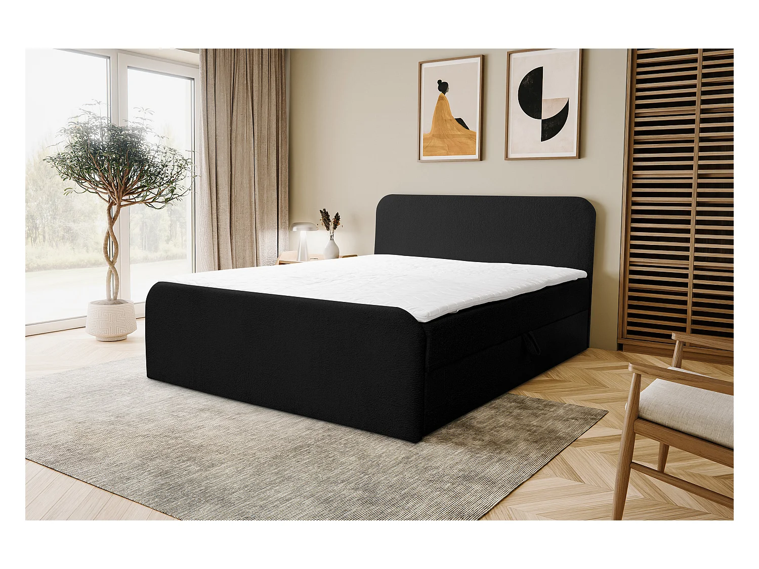 Lit boxspring LAMBI avec 2 coffres de rangement, lit rembourré Dimensions: 140x200, couleur: noir, tissu bouclé