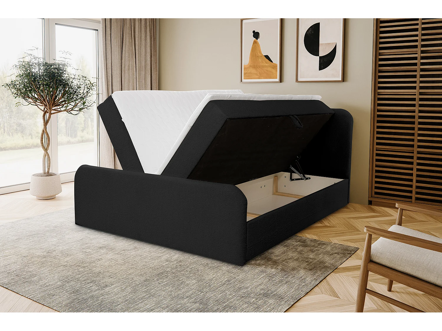 Lit boxspring LAMBI avec 2 coffres de rangement, lit rembourré Dimensions: 140x200, couleur: noir, tissu bouclé