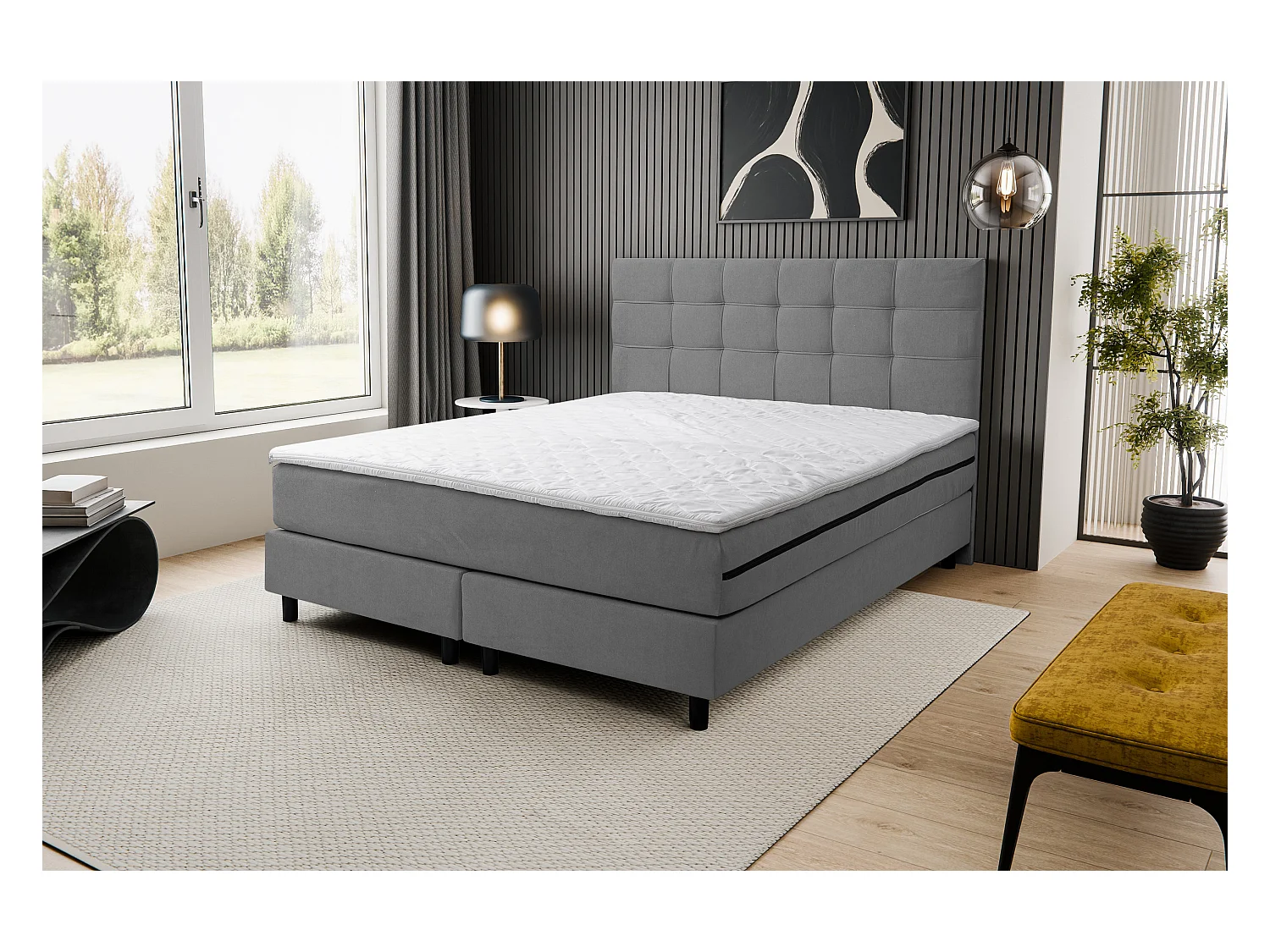 Lit boxspring BOSS, lit rembourré Dimensions : 140x200 cm, couleur : gris, tissu velours, lit double avec matelas Bonell H3 et surmatelas inclus