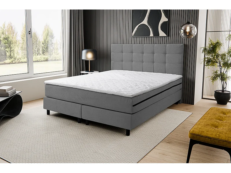Lit boxspring BOSS, lit rembourré Dimensions : 140x200 cm, couleur : gris, tissu velours, lit double avec matelas Bonell H3 et surmatelas inclus