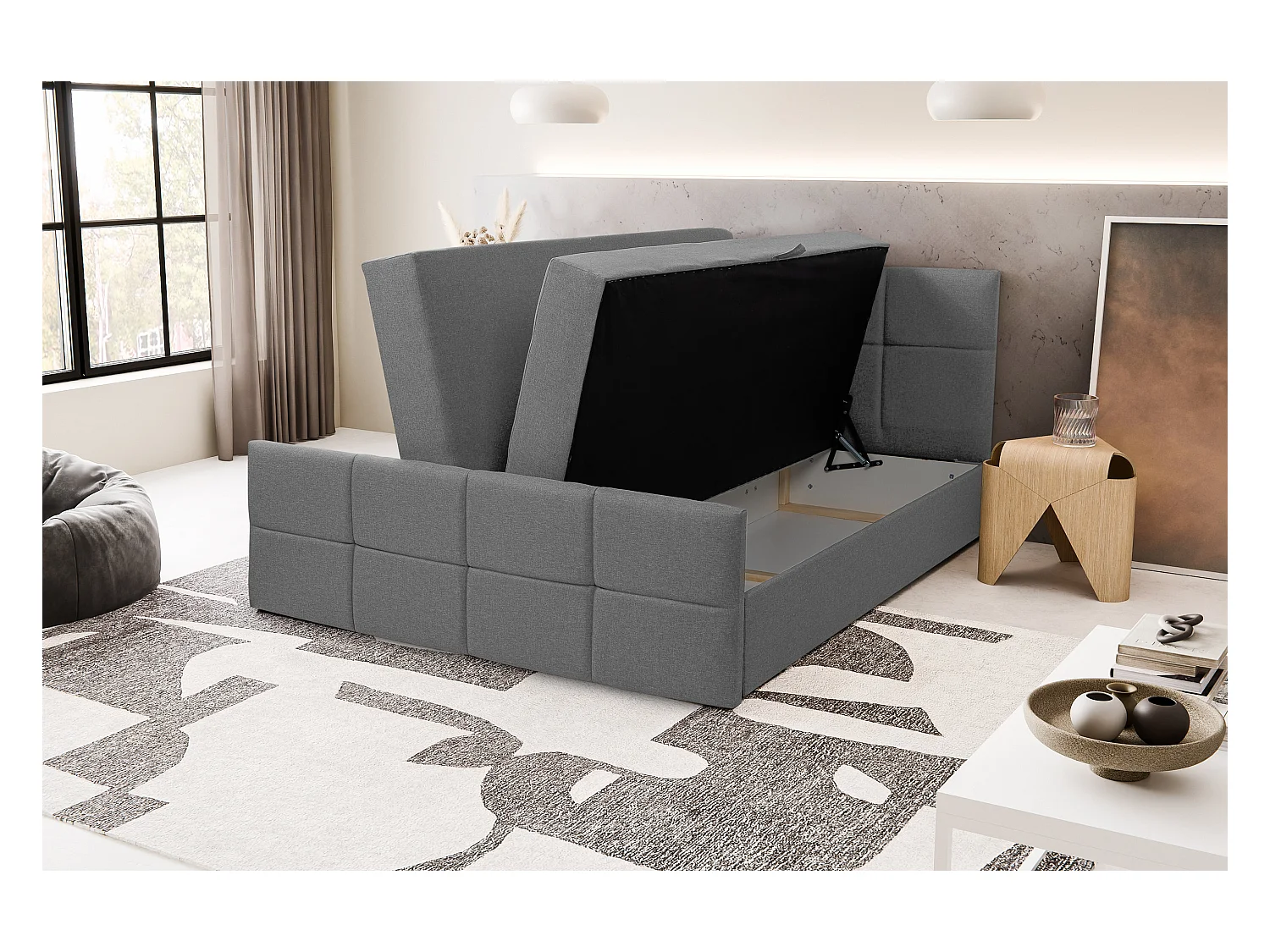Lit boxspring DORIS avec 2 coffres de rangement, lit rembourré Dimensions: 160x200, couleur: gris, tissu velours