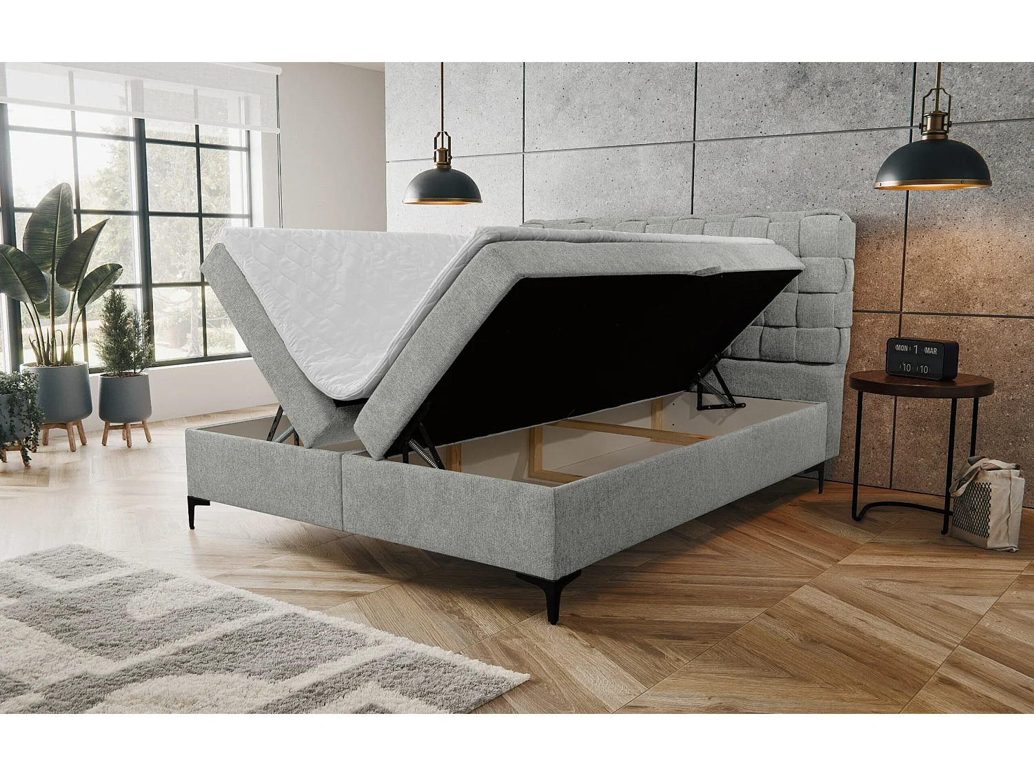 Lit boxspring Roma avec 2 tiroirs de rangement, lit rembourré Dimensions: 140x200, couleur: gris, tissu velours