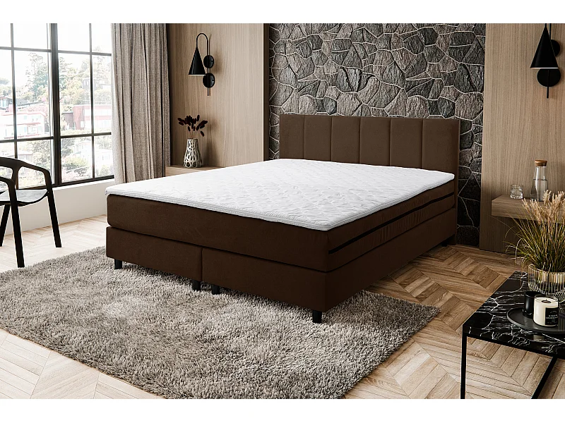 Lit boxspring Paris, lit rembourré Dimensions : 180x200 cm, couleur : marron, tissu velours, lit double avec matelas Bonell H3 et surmatelas inclus